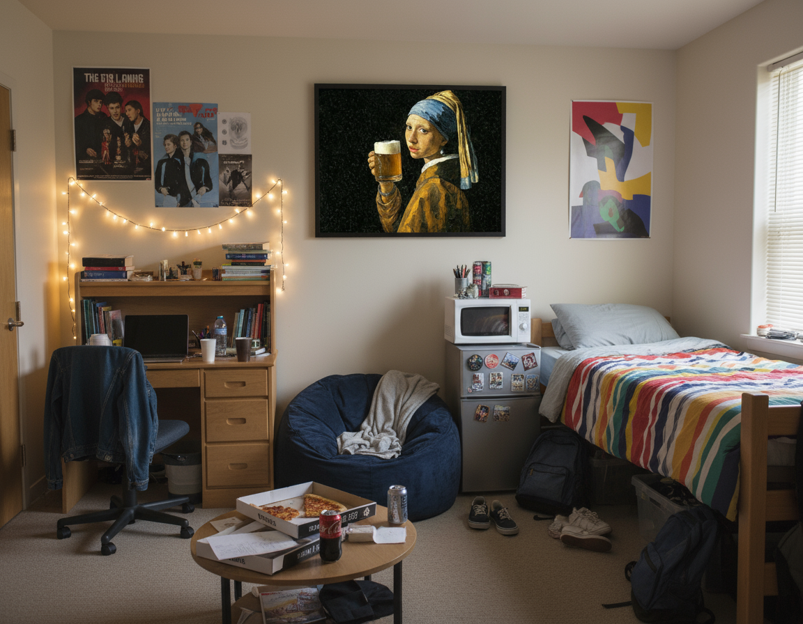 "Humorous Vermeer beer parody art in college dorm room"