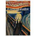 Surreal artwork with text 'Scream if you're out of coffee!' on a white background
