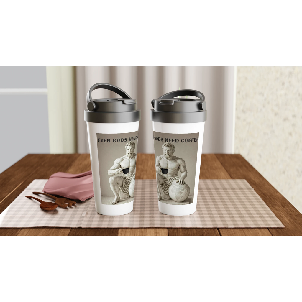 Two travel mugs with classical statue design and text on a wooden table.