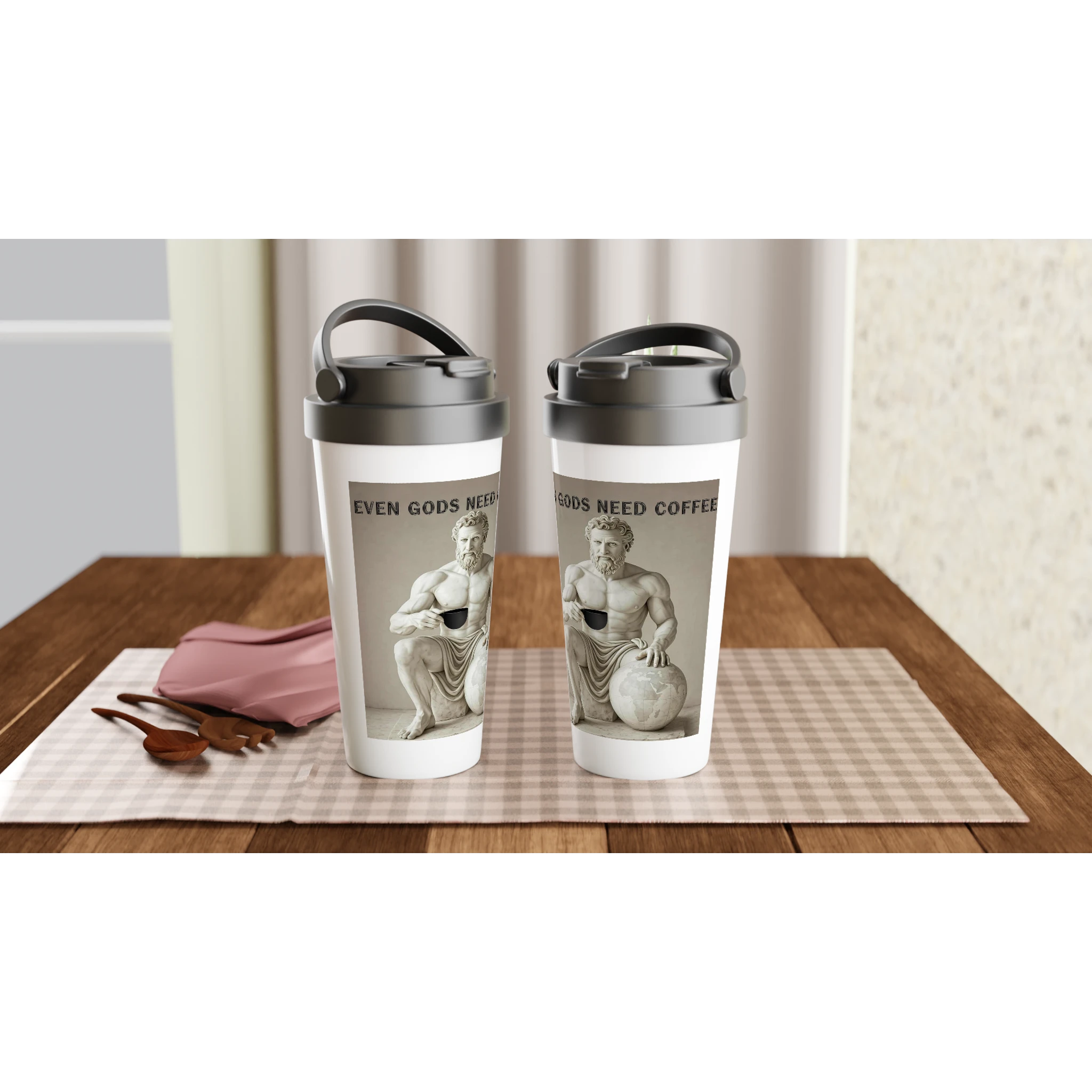 Two travel mugs with classical statue design and text on a wooden table.