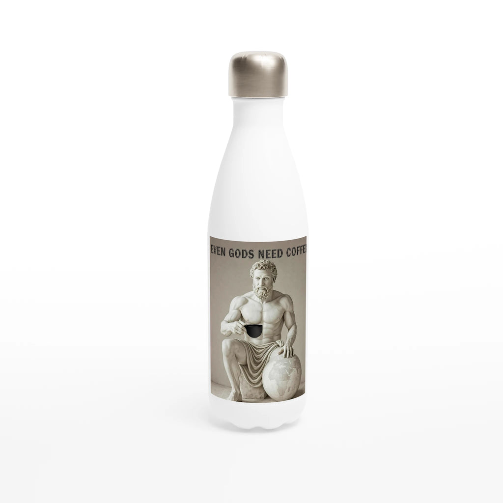 White water bottle with a graphic of a classical statue holding a coffee cup and text on a white background