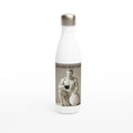 White water bottle with a graphic of a classical statue holding a coffee cup and text on a white background