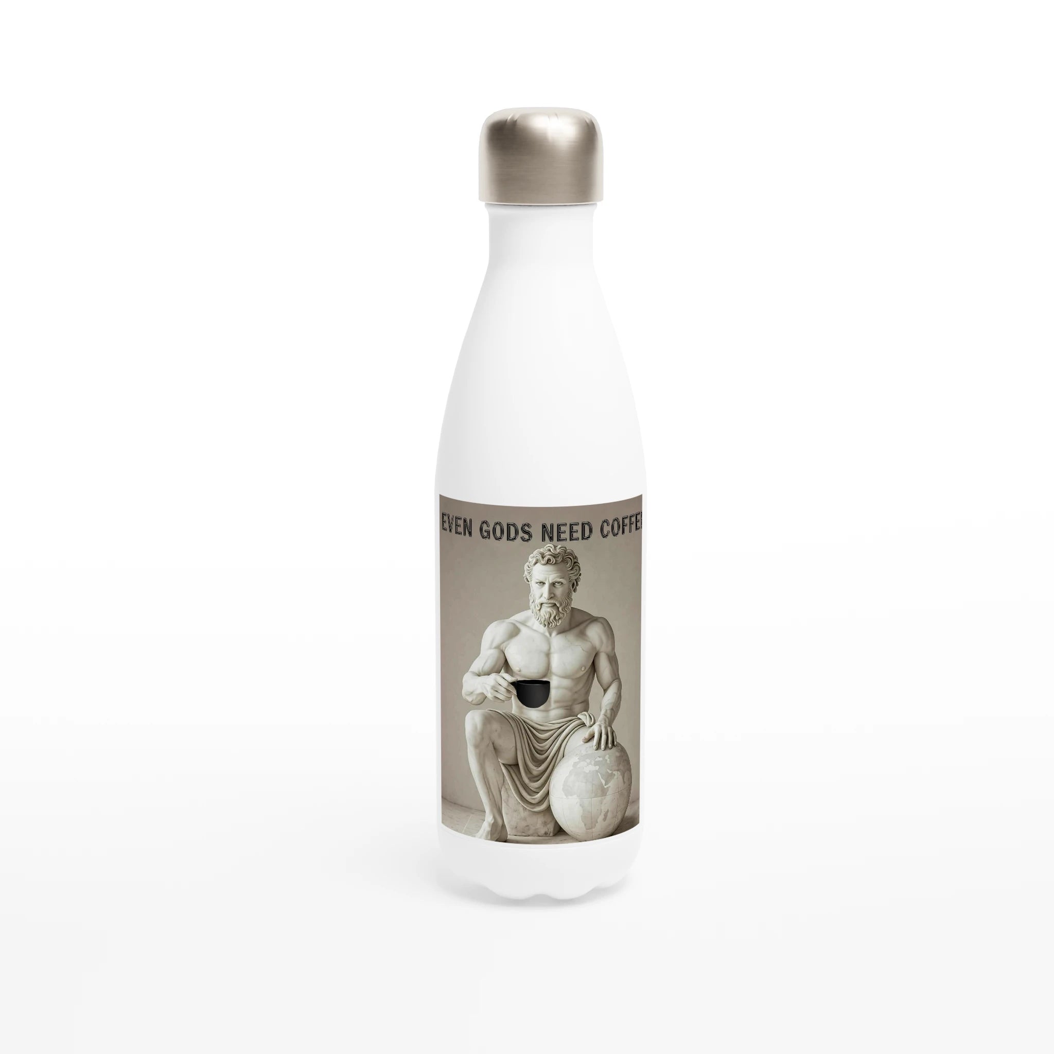 White water bottle with a graphic of a classical statue holding a coffee cup and text on a white background
