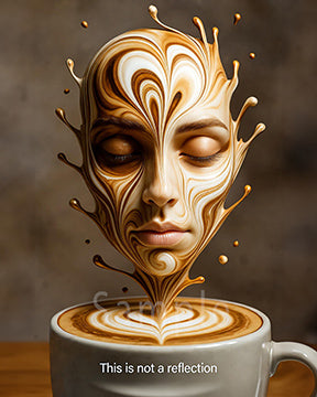 Artistic depiction of a face made from coffee and cream in a cup with a dark background.