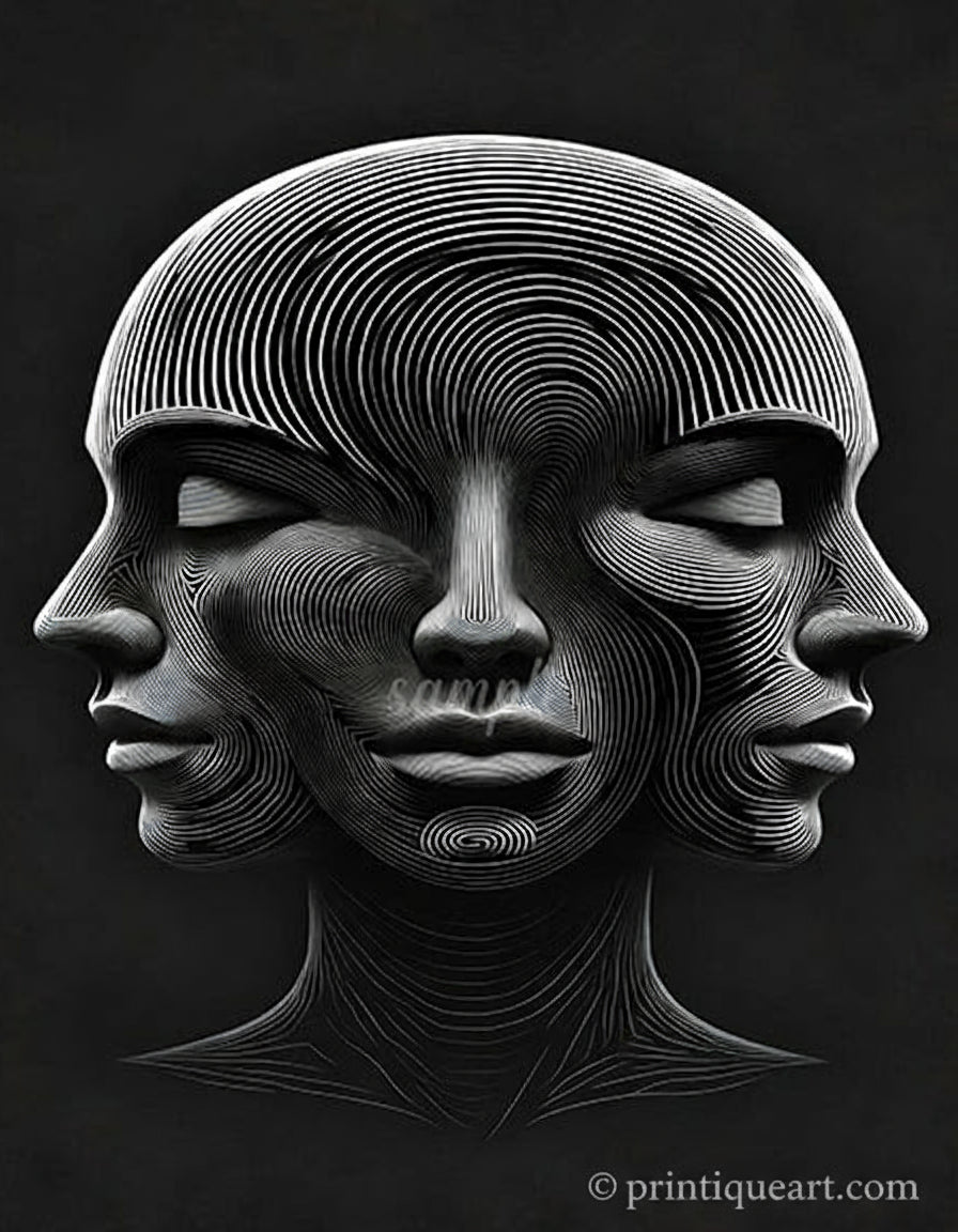 Artistic depiction of a face with intricate line patterns on a dark background