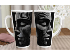 Two white ceramic mugs with black and white face designs on a checkered tablecloth.