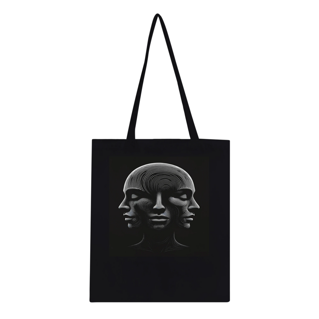 Black tote bag with a design of two faces on a white background