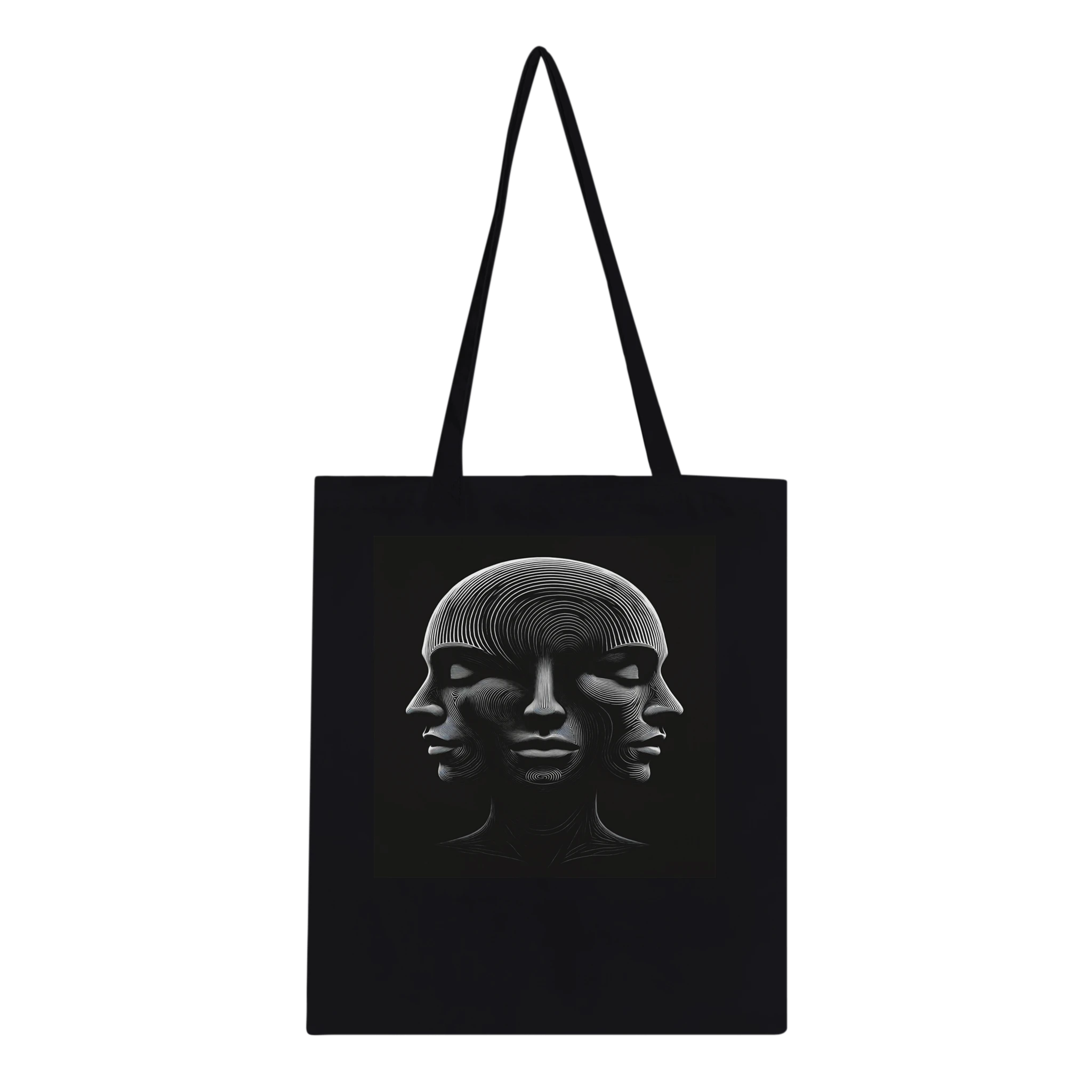 Black tote bag with a design of two faces on a white background