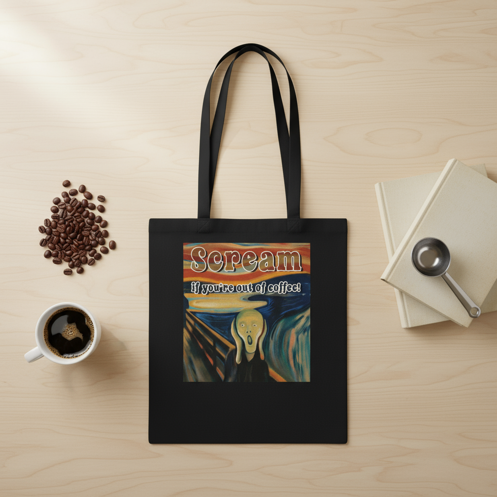 Flat lay scream if you're out of coffee tote bag with coffee items and books