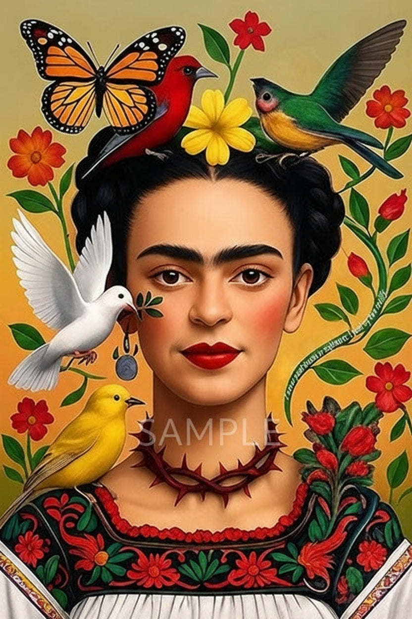 Frida Kahlo with birds, flowers, and a butterfly on a colorful background
