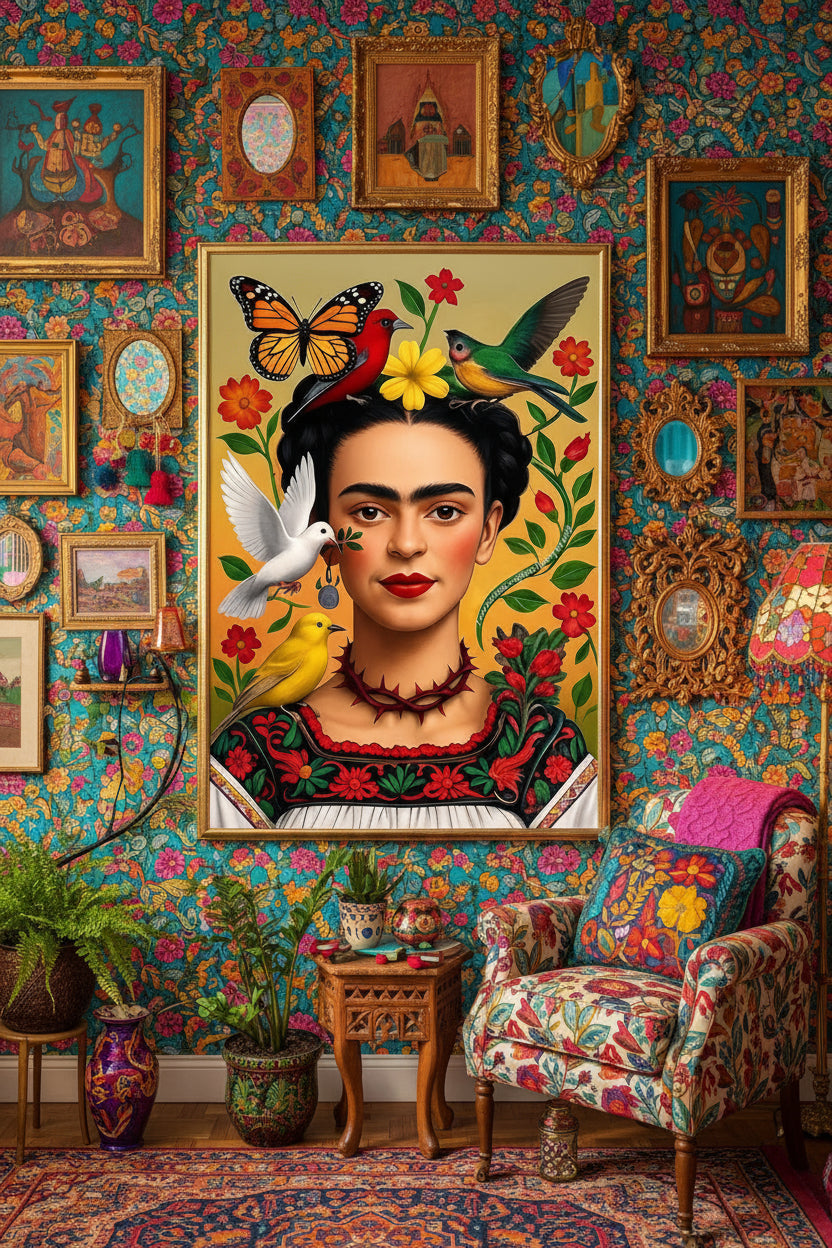 Frida Kahlo with birds, flowers, and a butterfly on a colorful background
