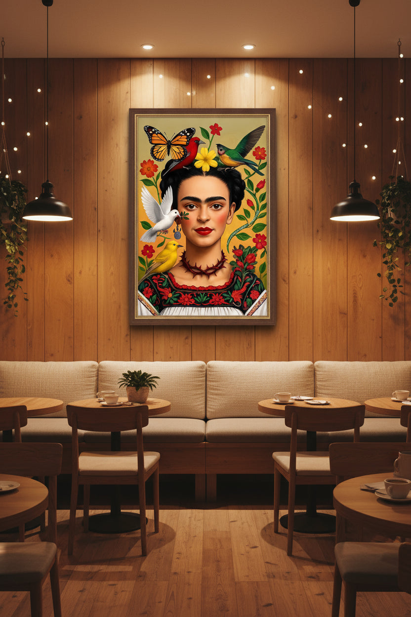 Frida Kahlo with birds, flowers, and a butterfly on a colorful background