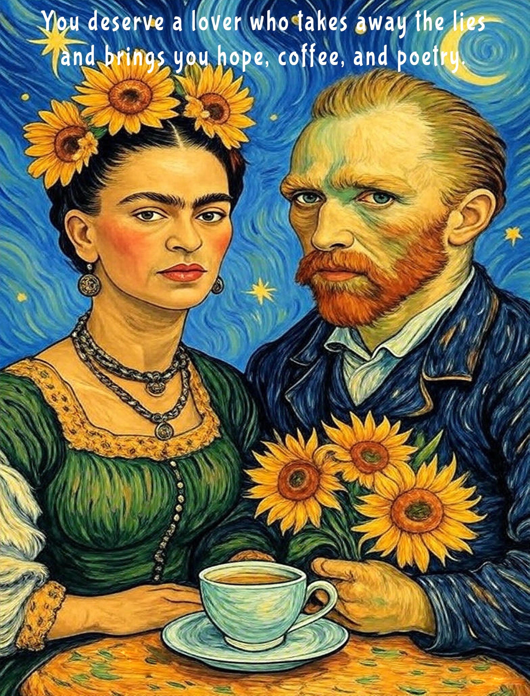 Stylized depiction of a couple with sunflowers, coffee, and text on a starry night background.