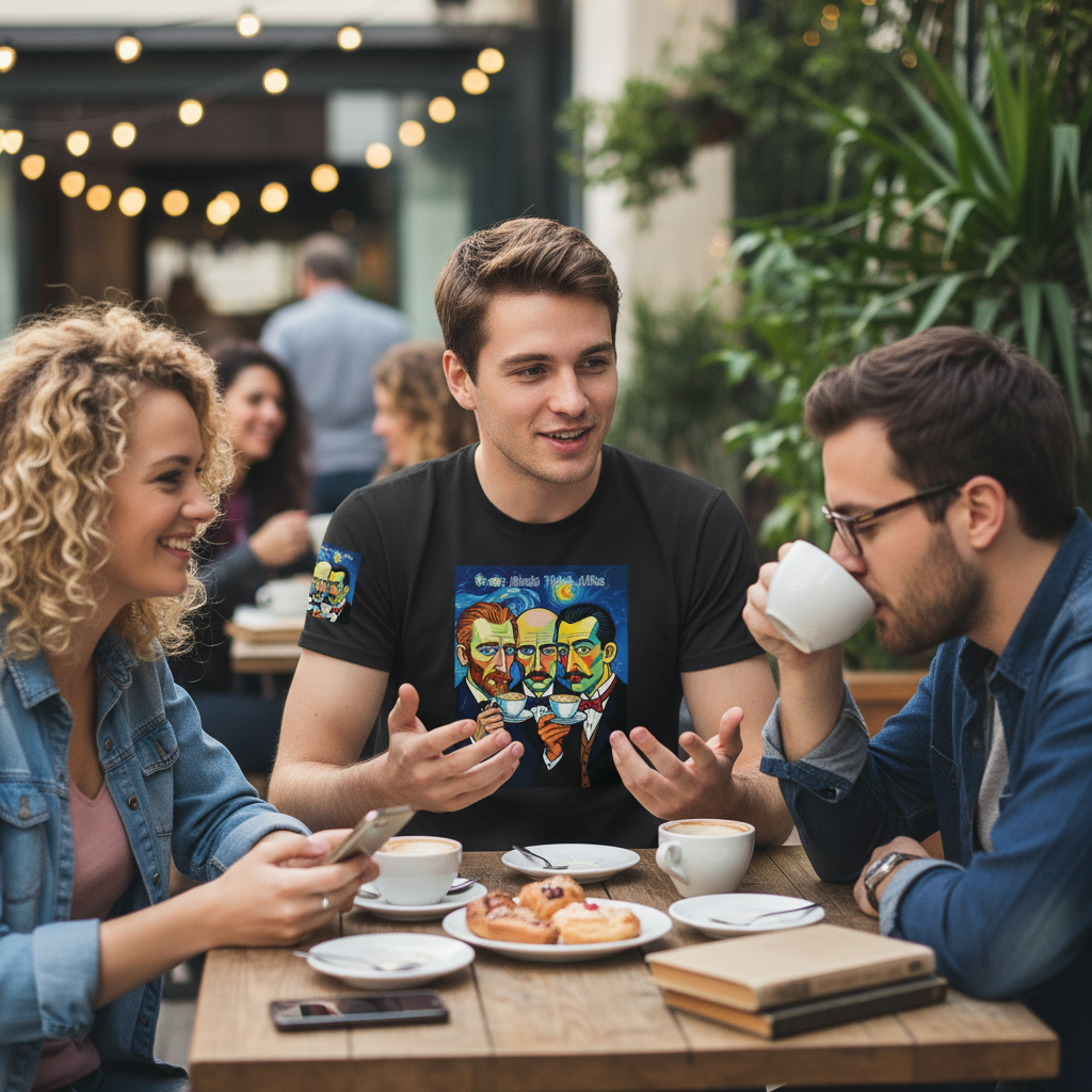 Friends hanging out, one wearing black Great Minds t-shirt