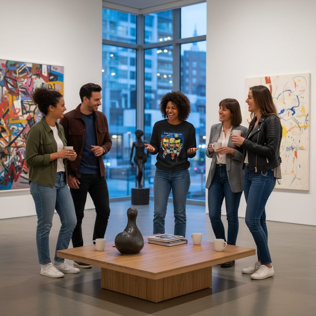Friends hanging out, one wearing black Great Minds Think Alike sweatshirt