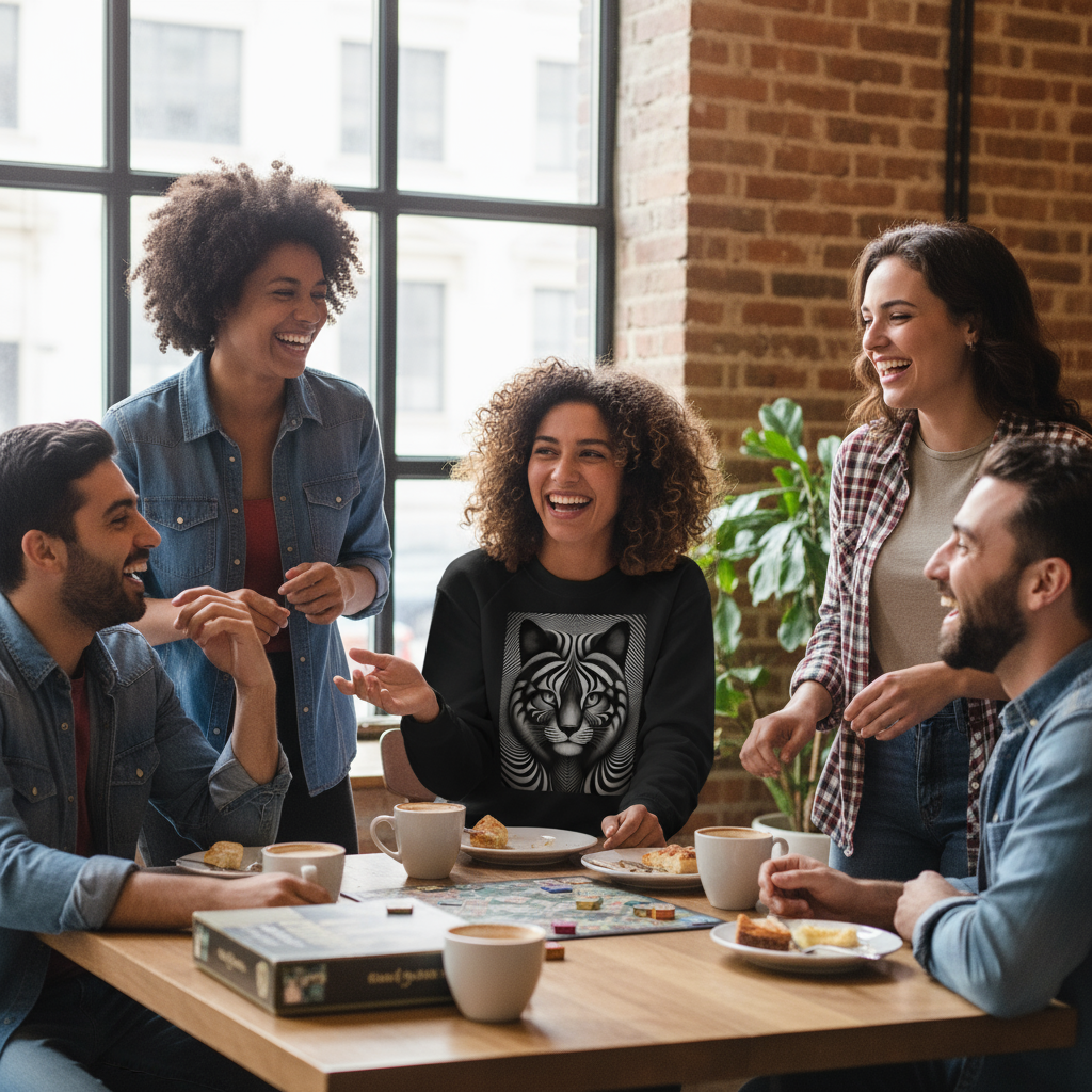 Friends hanging out, one wearing optical illusion cat sweatshirt