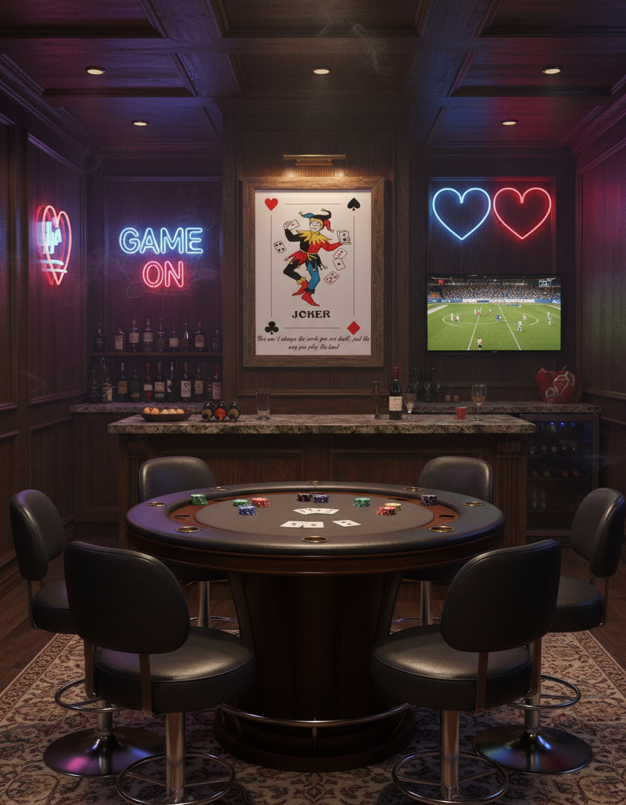Play the hand you're dealt Joker art print in game room with poker table"
