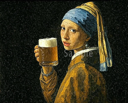 Reimagined painting of a woman with a pearl earring holding a beer.