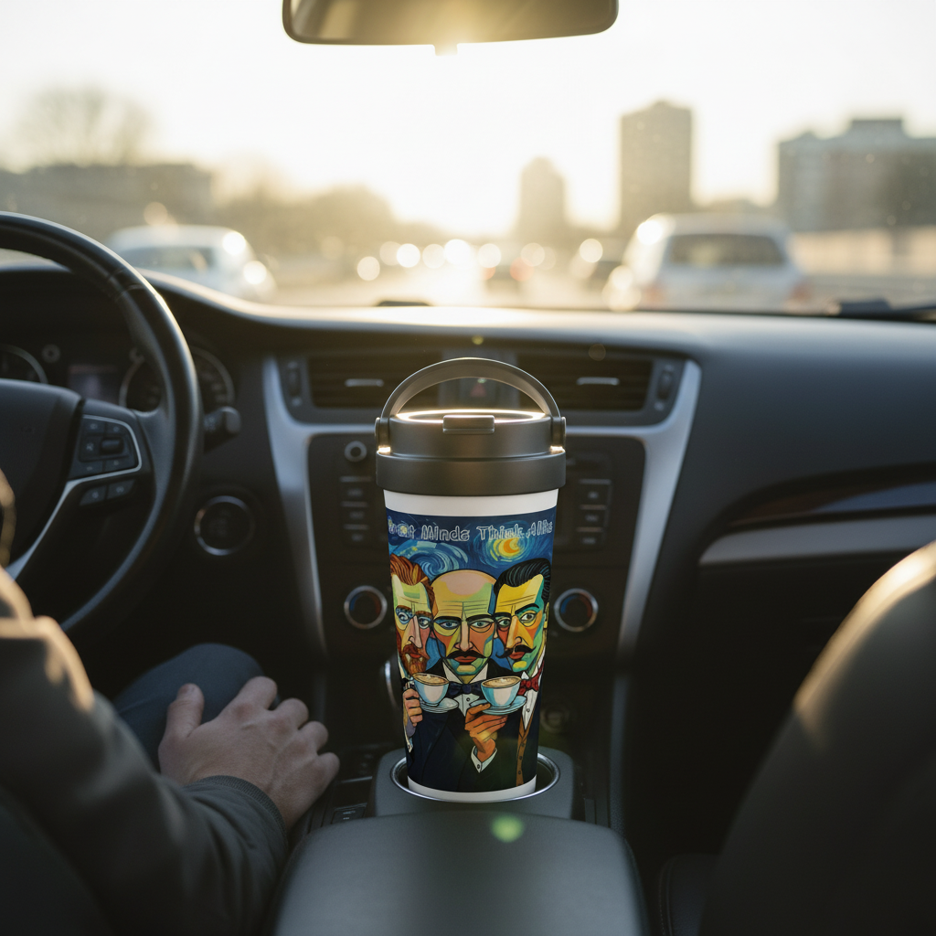 Great Minds travel mug in car