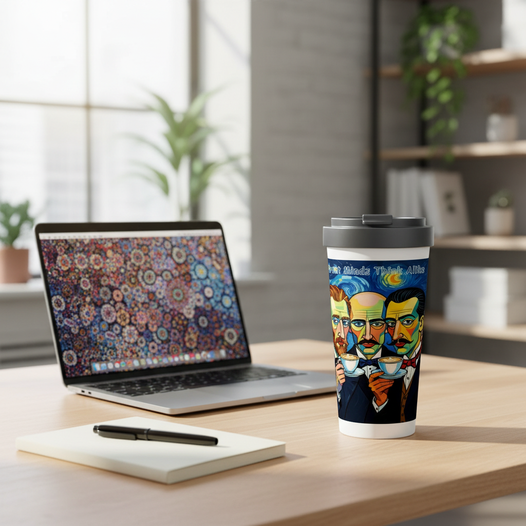 Great Minds travel mug on desk