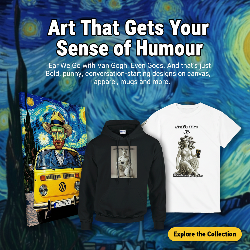 Hero Banner - Art That Gets Your Sense of Humour with Ear We Go and Even Gods Need Coffee