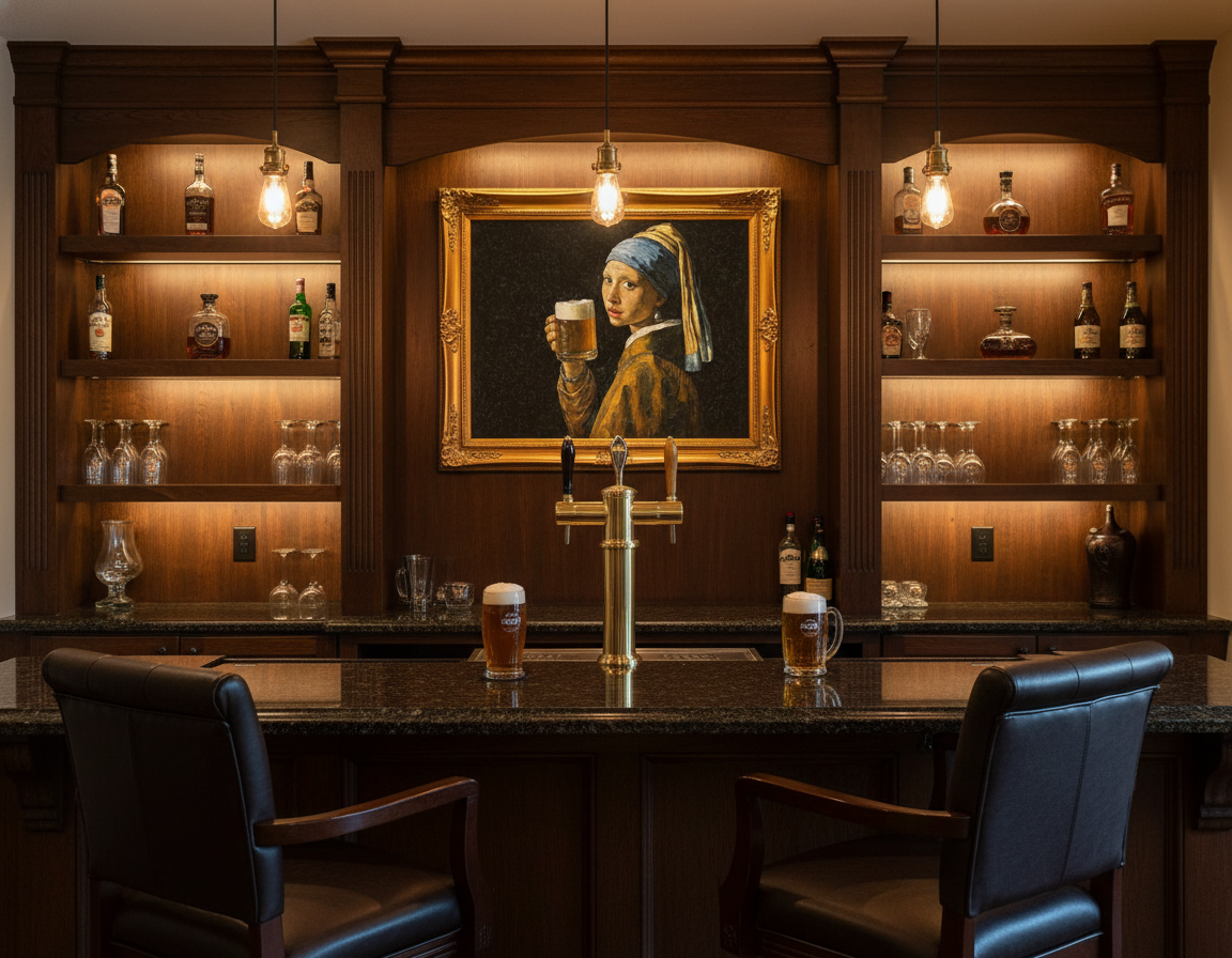 "Girl with Pearl Earring beer parody print displayed in stylish home bar"