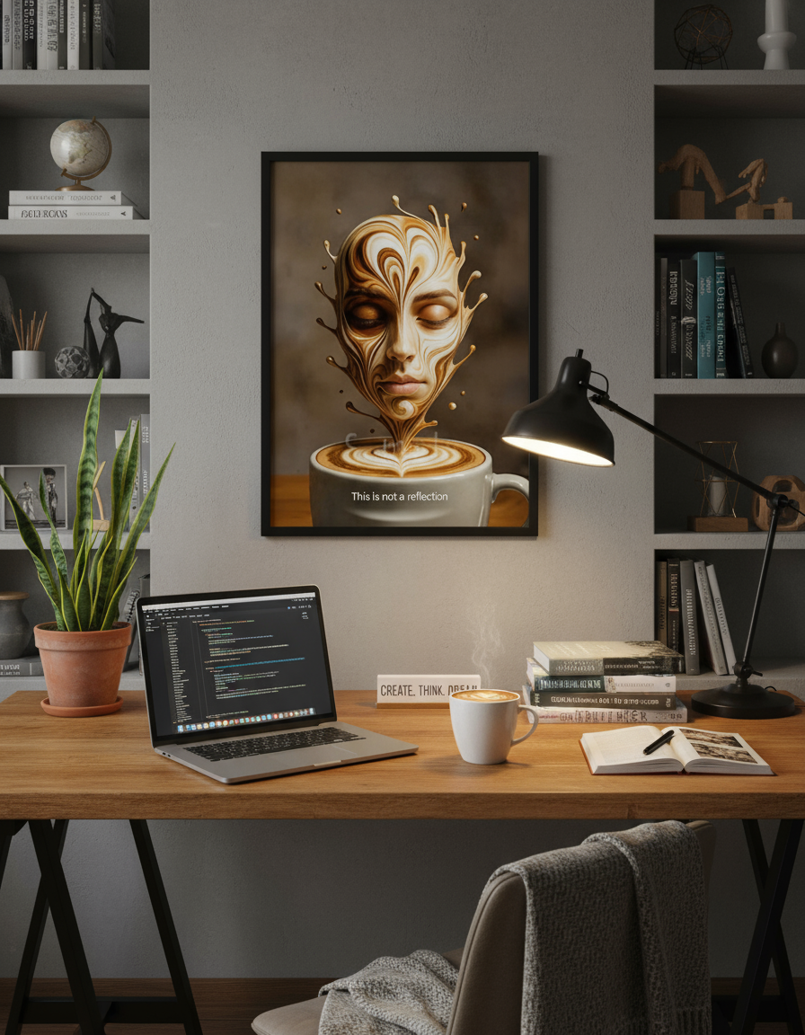 This is Not a Reflection coffee wall art hanging above desk in creative home office workspace"