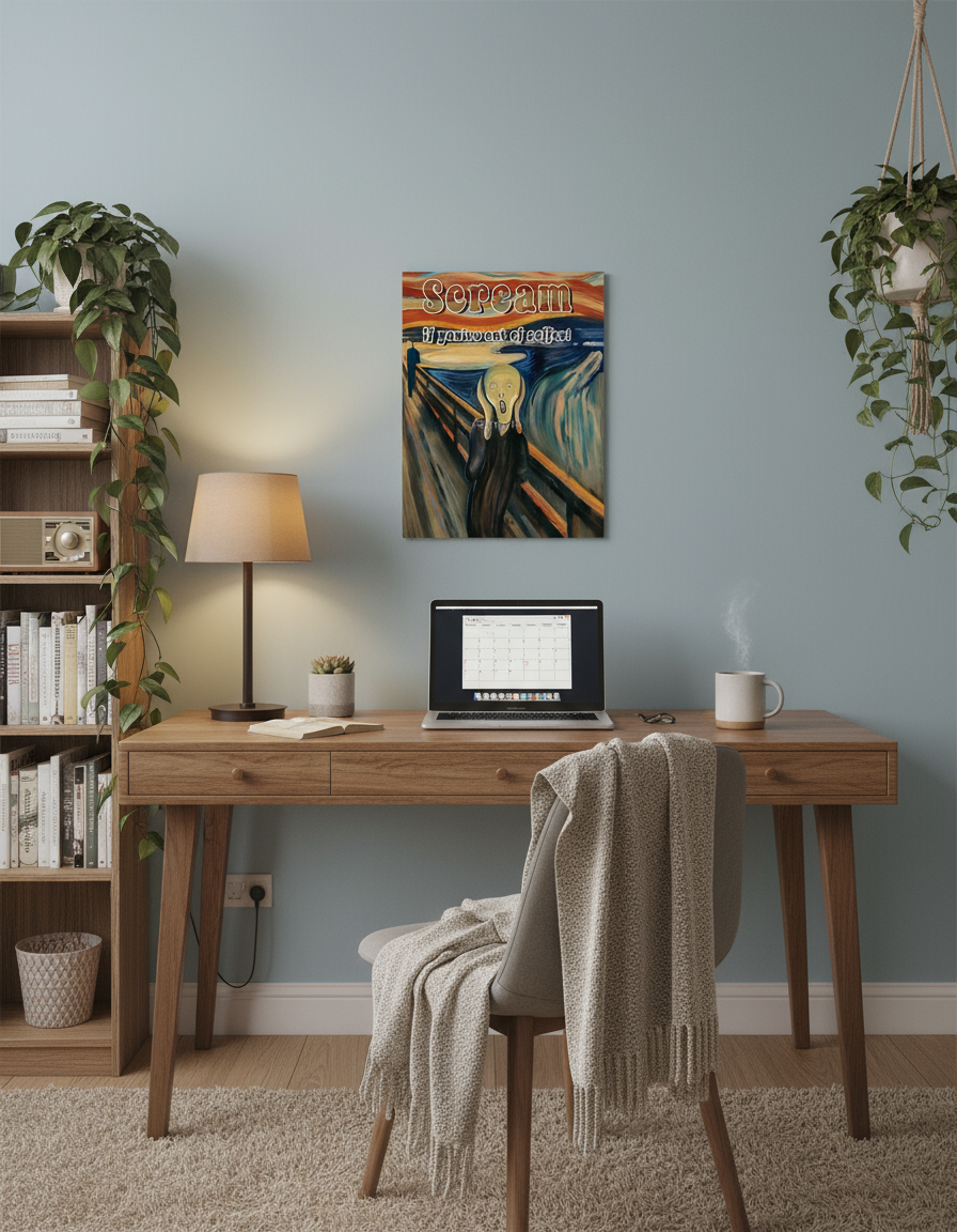  "SCREAM if you're out of coffee art print hanging in home office workspace"