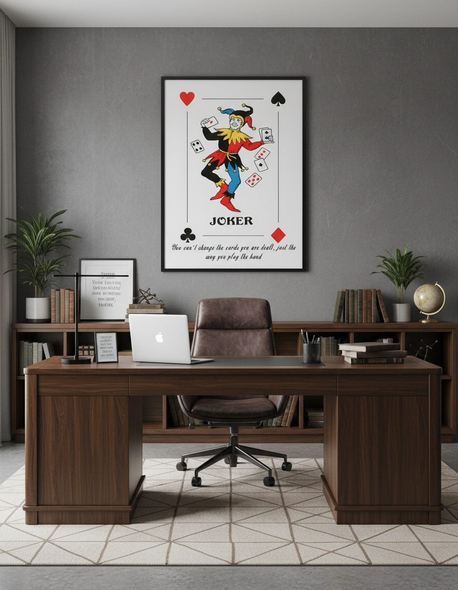 Joker card motivational print displayed in stylish home office above desk