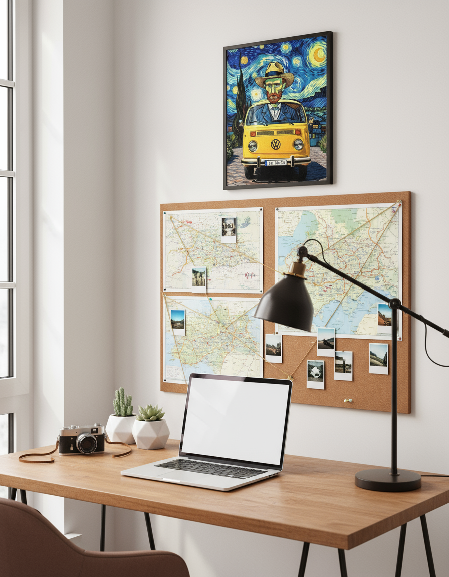 Van Gogh VW art print displayed in modern home office workspace above desk - wall decor mockup