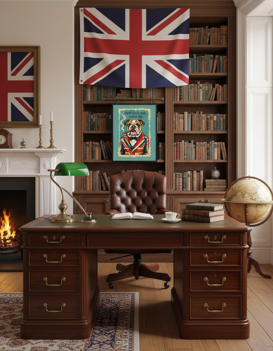 Keep Calm Carry On Bulldog print in British home office above desk - UK patriotic workspace decor mockup