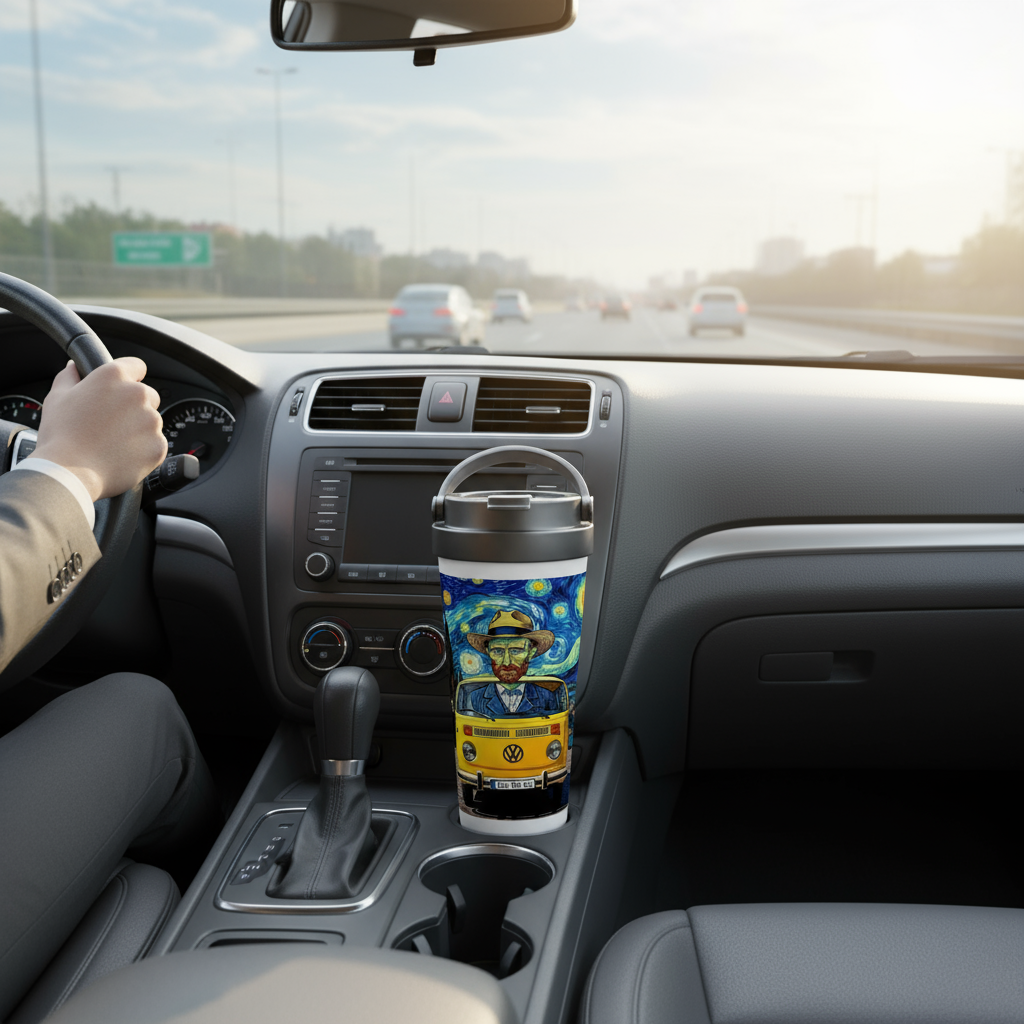 Van Gogh Ear We Go travel mug in car cup holder - morning commute essential