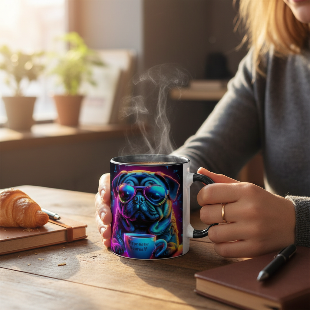 Person holding Neon Pug Espresso Yourself mug filled with coffee at cozy coffee shop