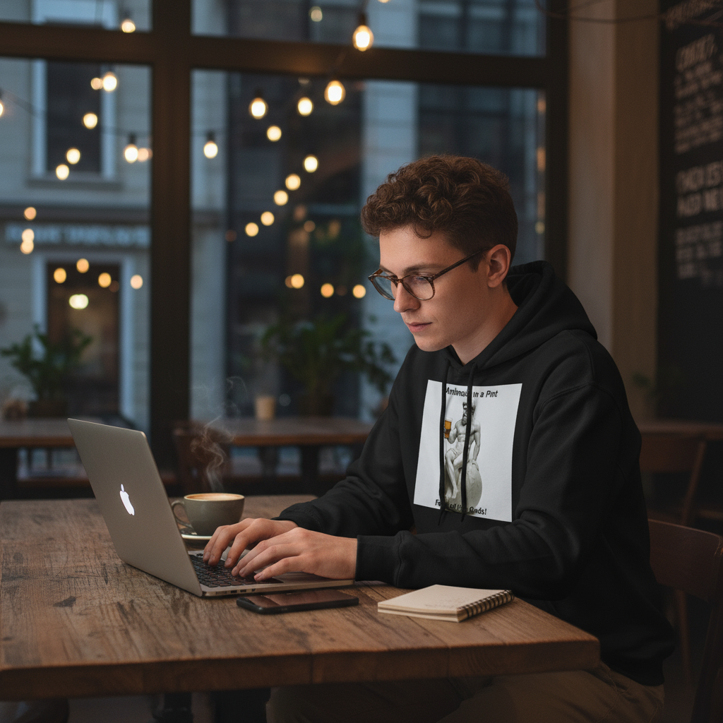 Atlas Ambrosia hoodie at coffee shop - perfect for casual work