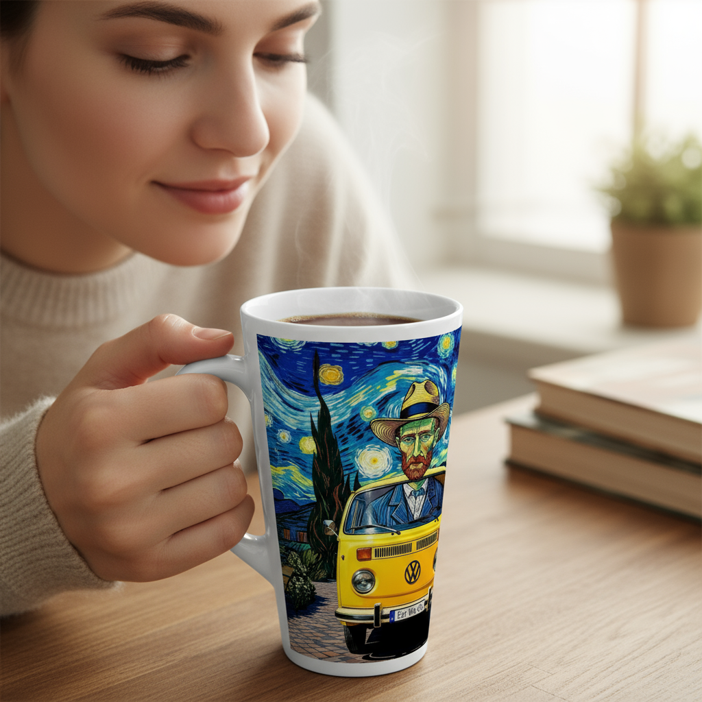 Van Gogh Ear We Go latte mug being enjoyed - morning coffee ritual