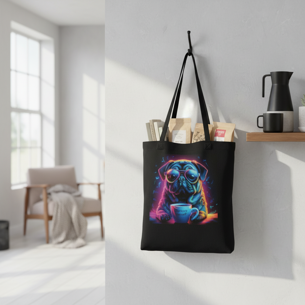 Neon Pug Espresso Yourself tote bag hanging in modern home filled with books and coffee supplies
