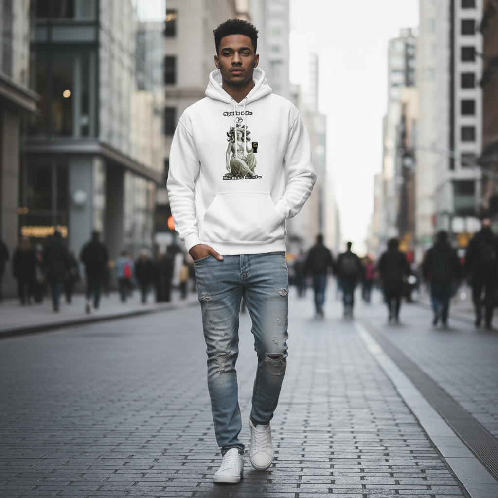 Man wearing Medusa hoodie street style - bold Greek mythology fashion