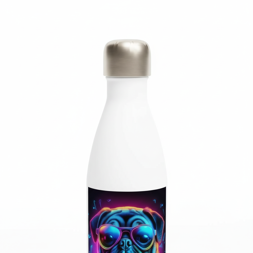 Close-up detail of Neon Pug Espresso Yourself water bottle showing vibrant print and leak-proof cap