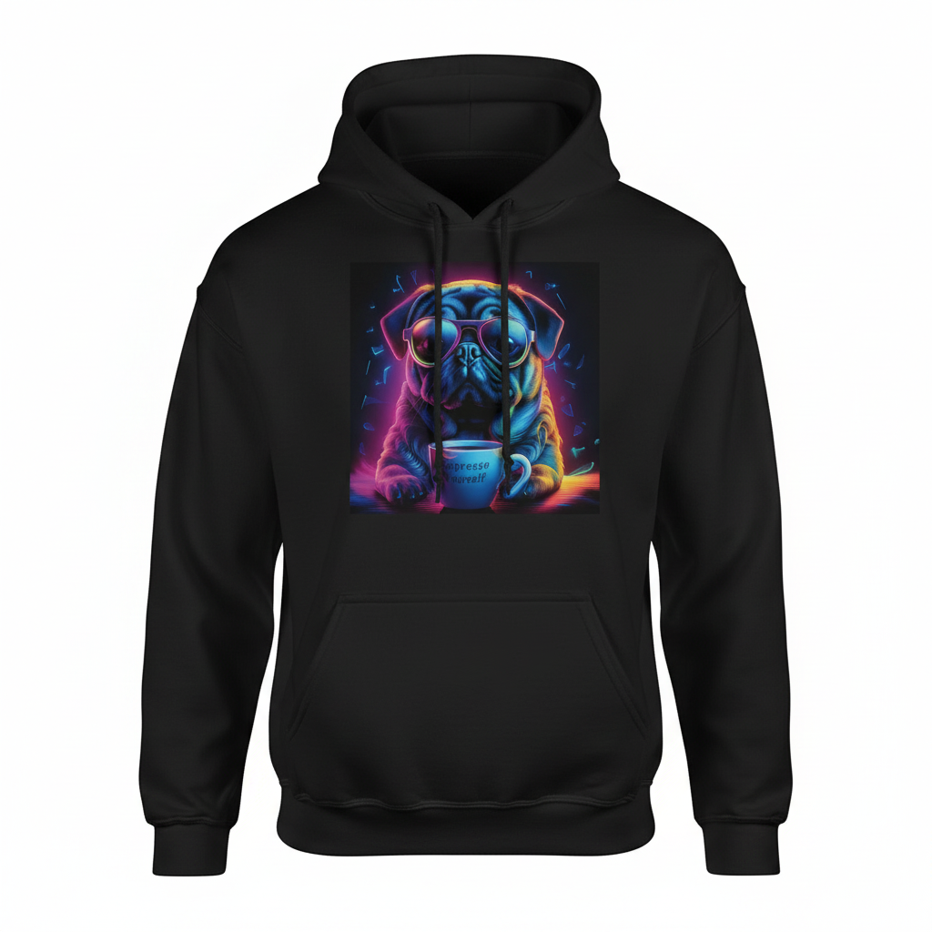 Neon Pug Espresso Yourself black pullover hoodie product shot on white background