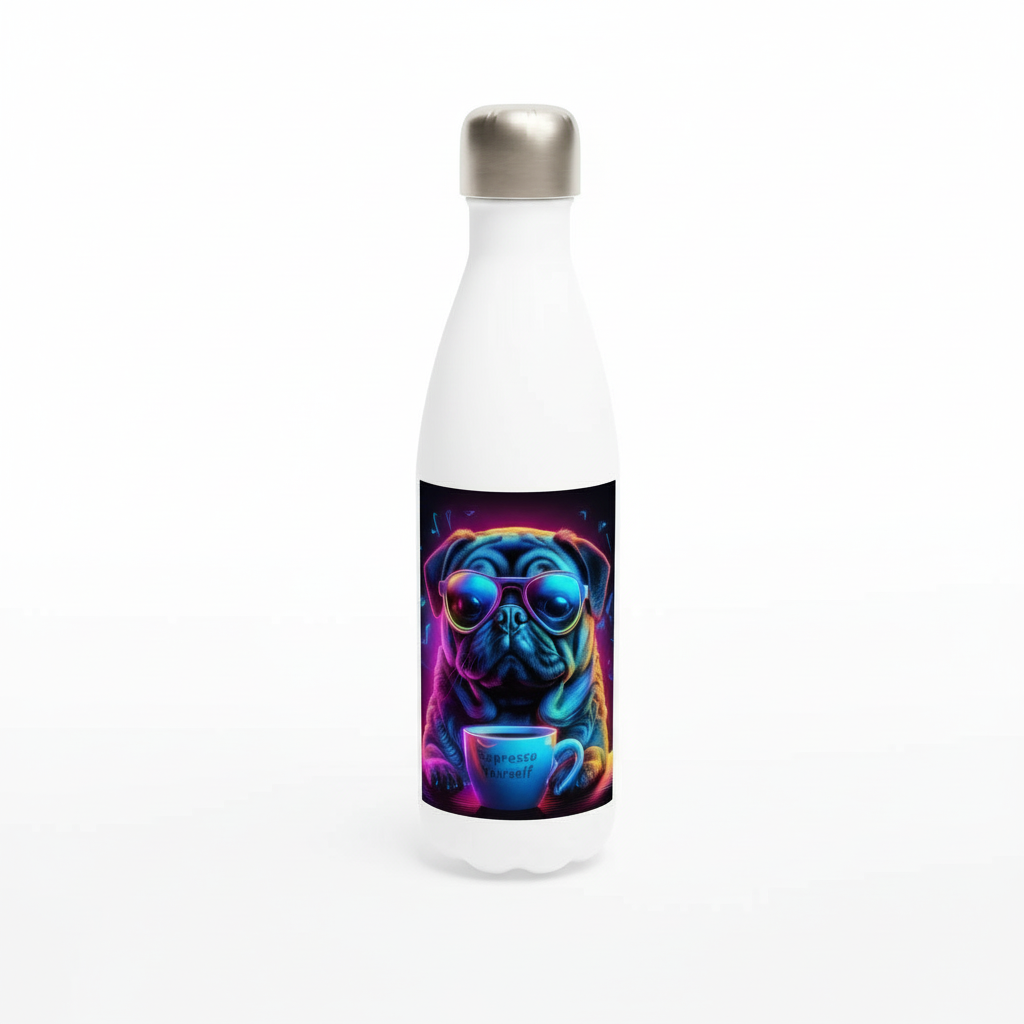 Neon Pug Espresso Yourself 17oz stainless steel water bottle product shot on white background