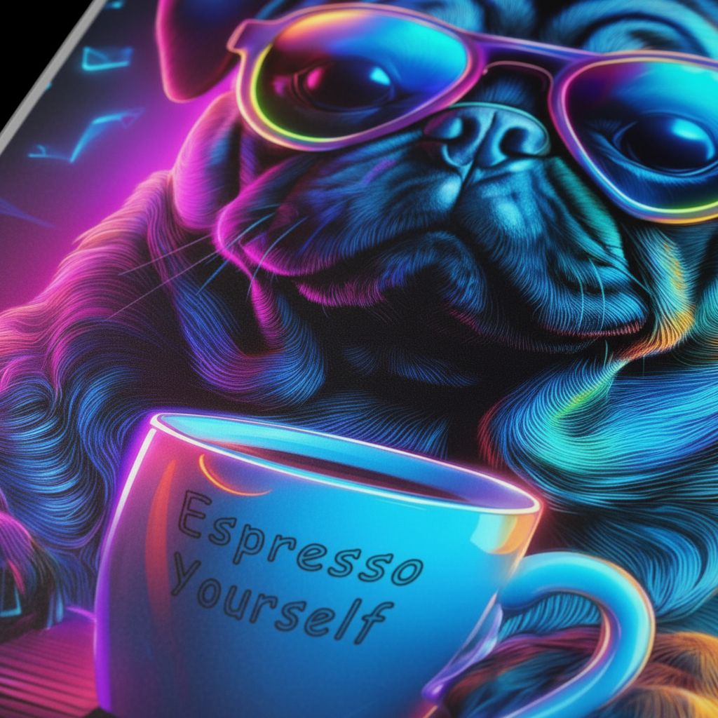 Close-up detail of Neon Pug Espresso Yourself poster showing vibrant neon colors and matte paper quality