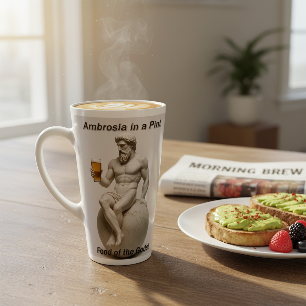 Atlas Ambrosia 17oz latte mug on breakfast table - morning coffee lifestyle
