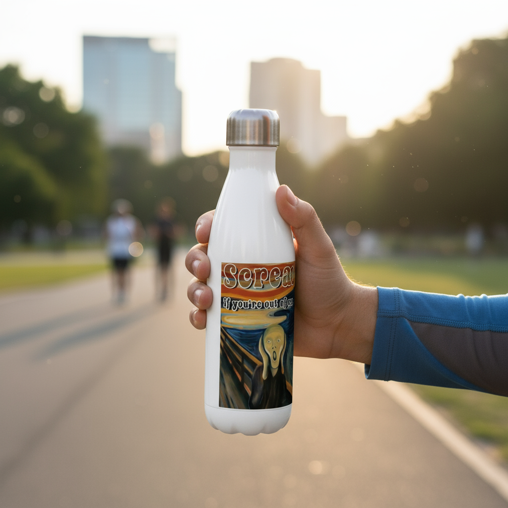 Scream If You're Out of Coffee water bottle held while walking - portable hydration