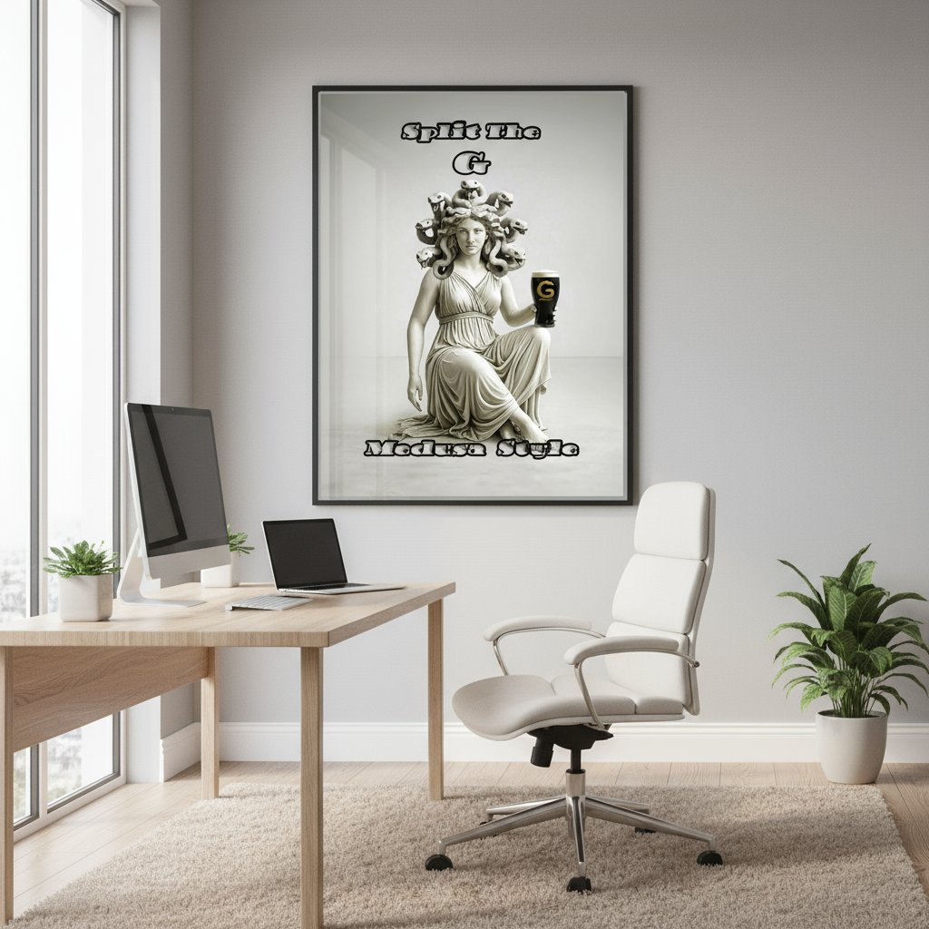 Split The G Medusa poster framed in office - actual artwork mockup