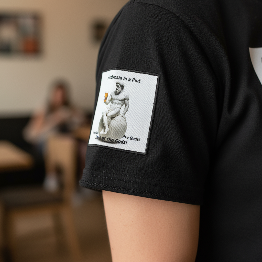 Atlas drinking nectar black t-shirt sleeve badge - right arm detail