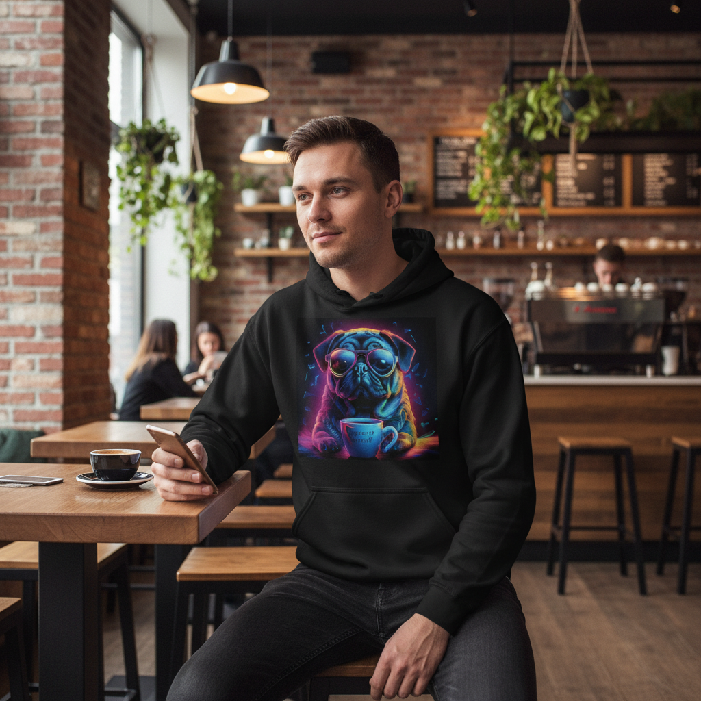 Person wearing Neon Pug Espresso Yourself hoodie at trendy coffee shop