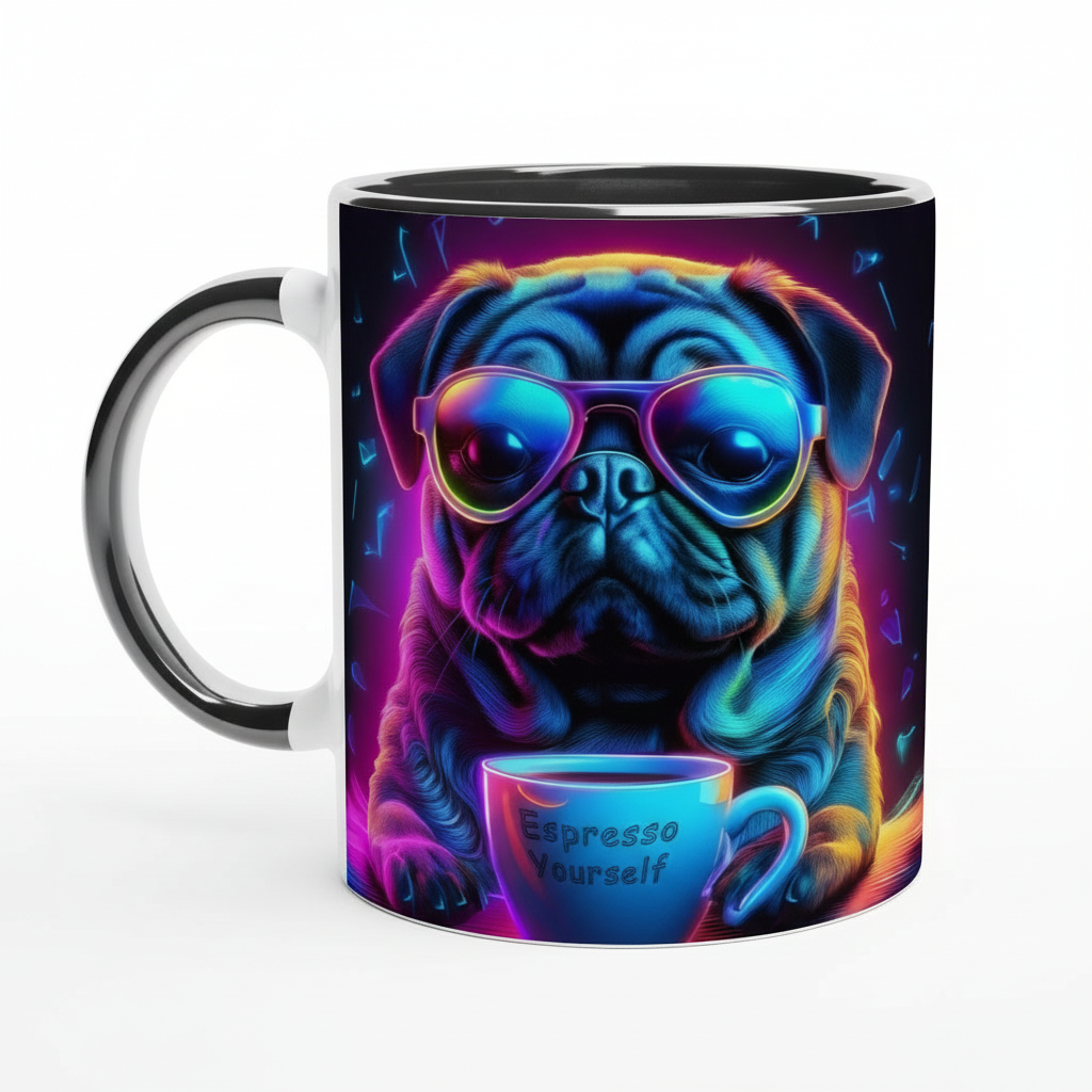 Close-up detail of Neon Pug Espresso Yourself mug showing vibrant neon print quality