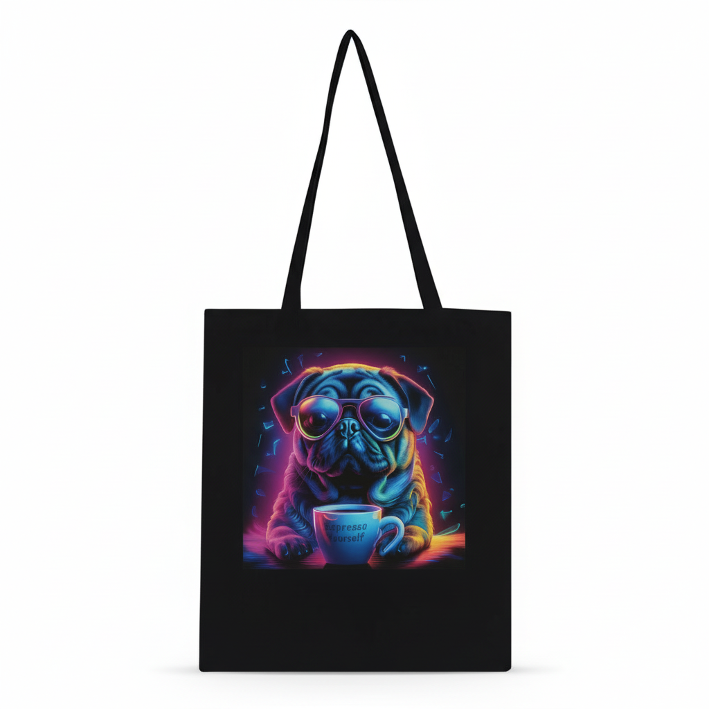 Neon Pug Espresso Yourself black tote bag product shot on white background