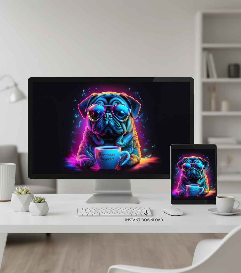 Neon Pug Espresso Yourself digital download displayed on computer screen and tablet