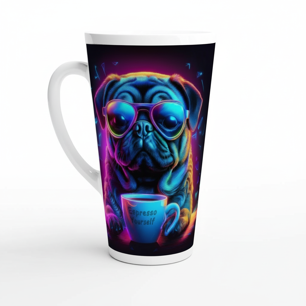 Close-up detail of Neon Pug Espresso Yourself latte mug showing vibrant neon print quality